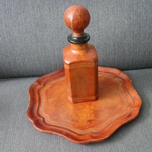 Vintage Genuine Calf Leather Wrapped Decanter and Tray Made in Italy